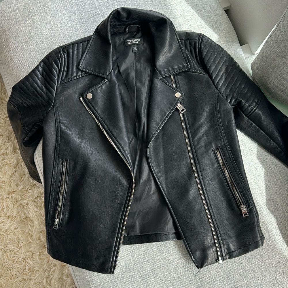 Topshop black faux leather jacket, size US 4